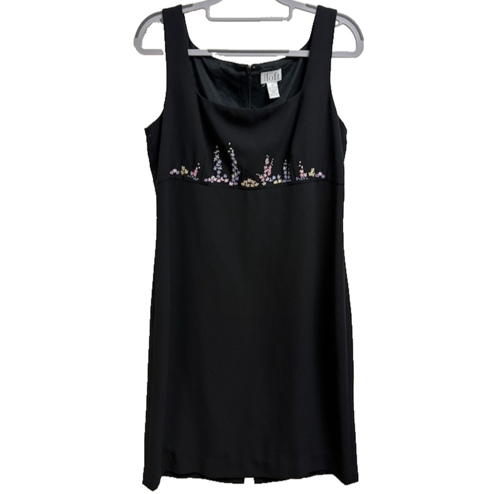 Ann Taylor LOFT Sheath Midi Dress 10 Black Floral Embroidered Sleeveless Lined‎
